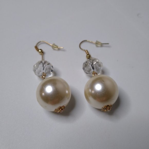 Vintage Clear Glass Bead And Faux Pearl Dangle Earrings - Picture 3 of 13
